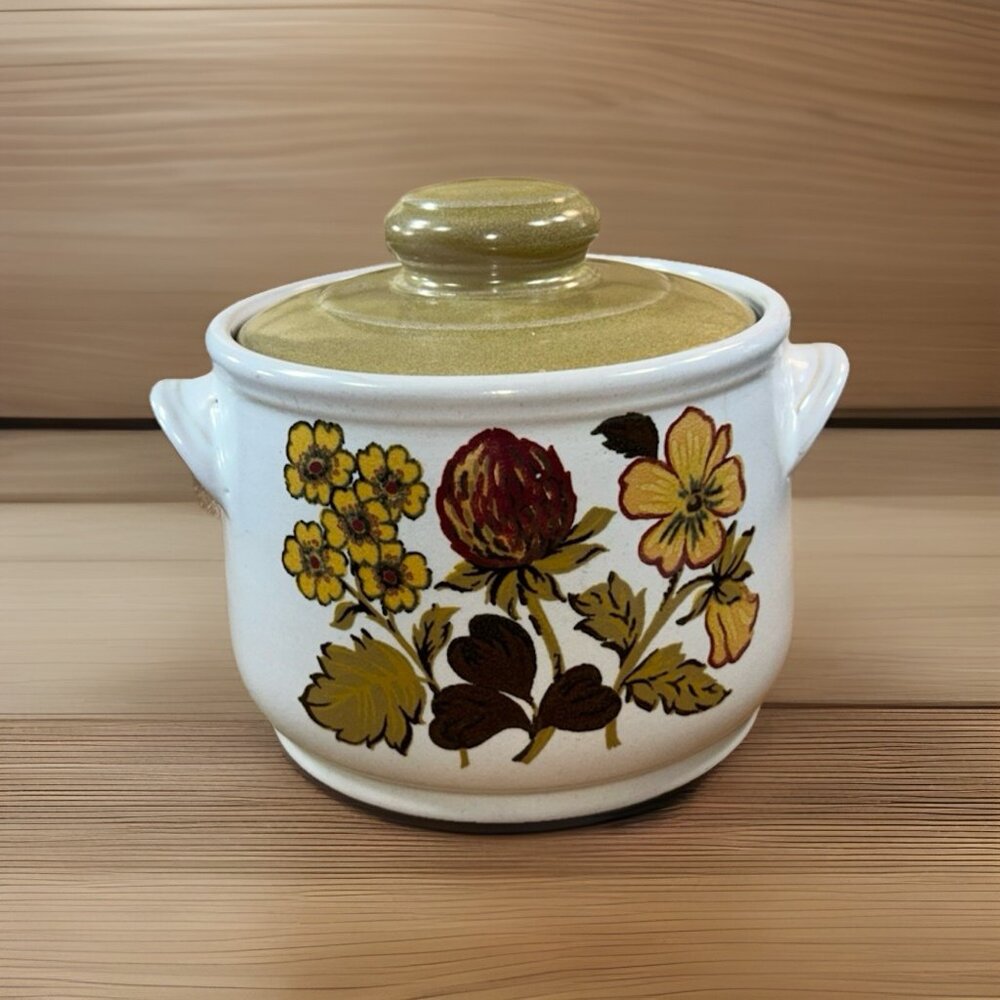 Bean Pot Crock Sadler England Stoneware Clover Earth tones W/ lid Crazing Inside